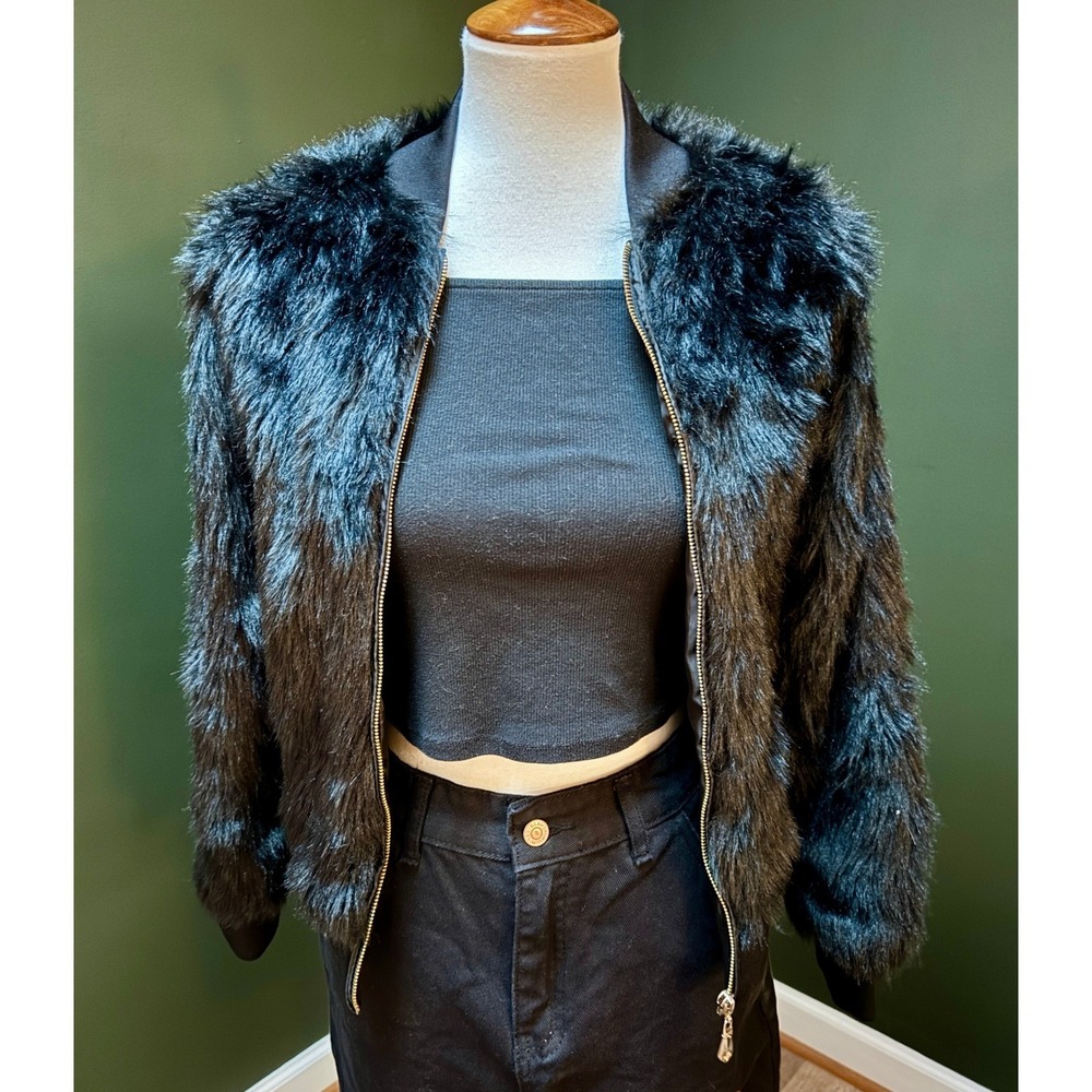 Say What Black Faux Fur Bomber Jacket‎ Women's XS